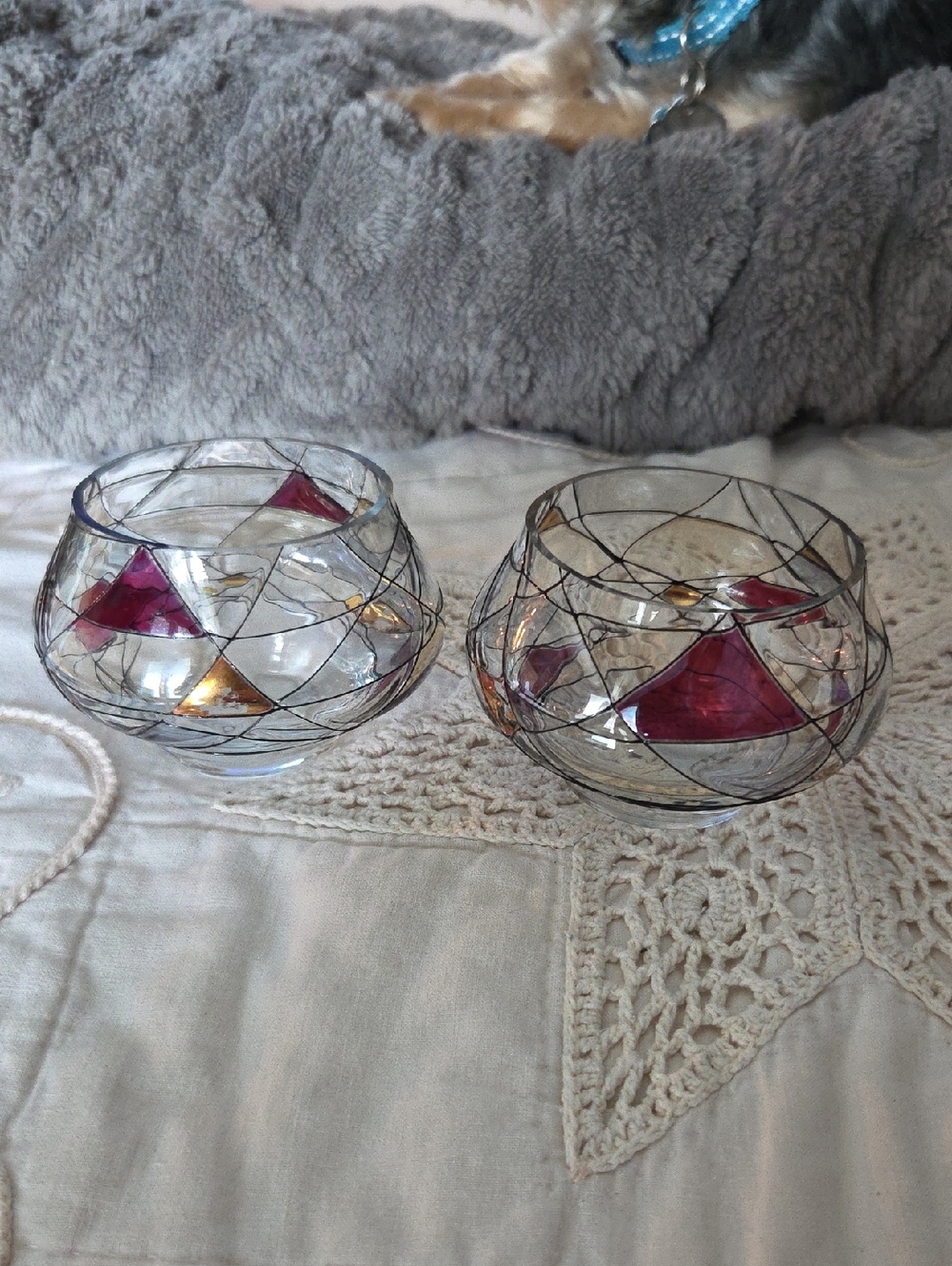 Partylite "Calypso Pair of Decorative Glass Bowls with Pink & Gold  Accents